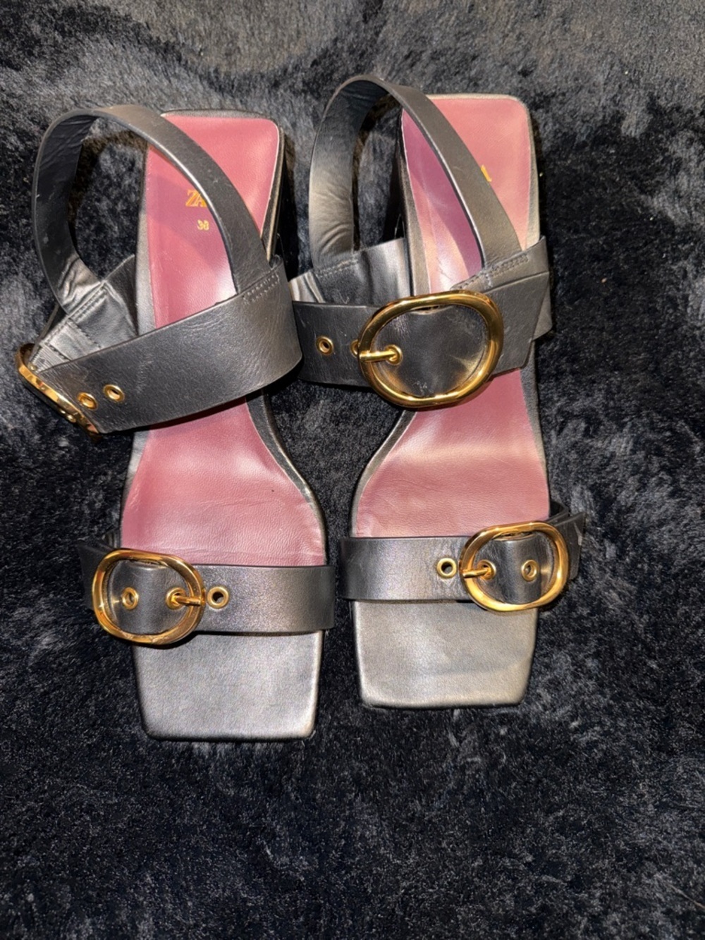 Zara Black Leather Heeled Slingback Sandals with Gold Buckles Sz 38